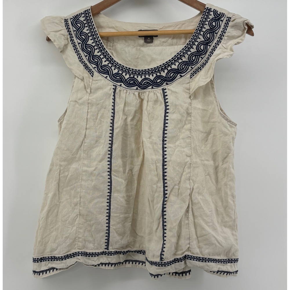 Point Sur J. Crew Linen Cream Blue Embroidered Peasant Blouse Women Size M